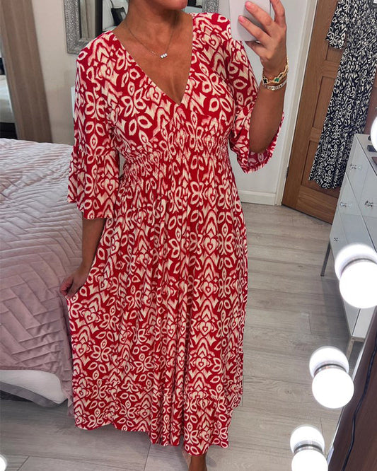 LB | Czerwona sukienka maxi z nadrukiem