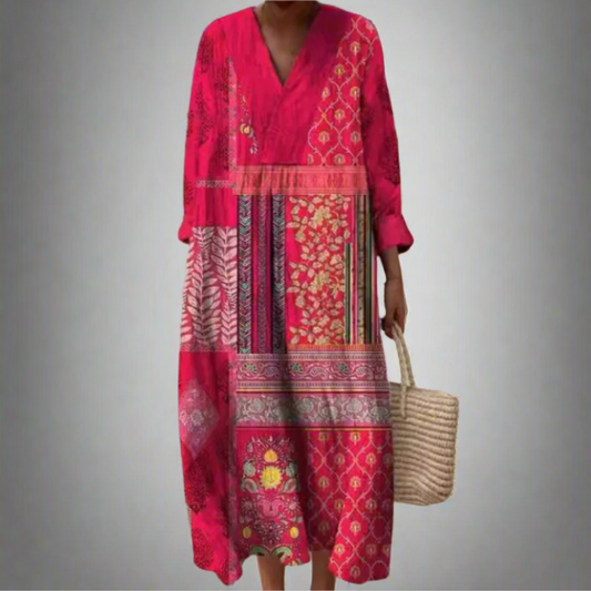 LB | Długa sukienka midi w patchworkowym stylu boho